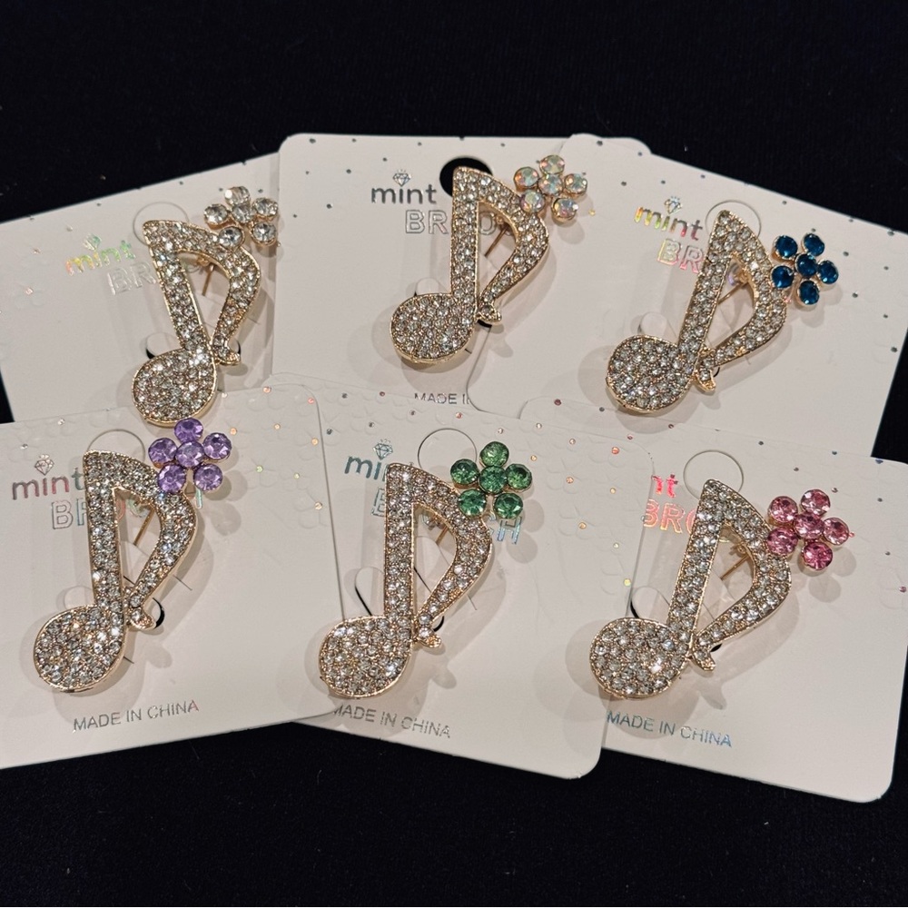 NWT Mint Rhinestone Music Note & Flower Brooch Pin Pink - Picture 6 of 8